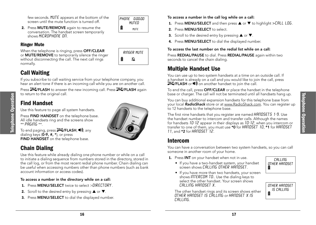 Radio Shack 43-325, 43-326 manual Call Waiting, Find Handset, Chain Dialing, Multiple Handset Use, Intercom 