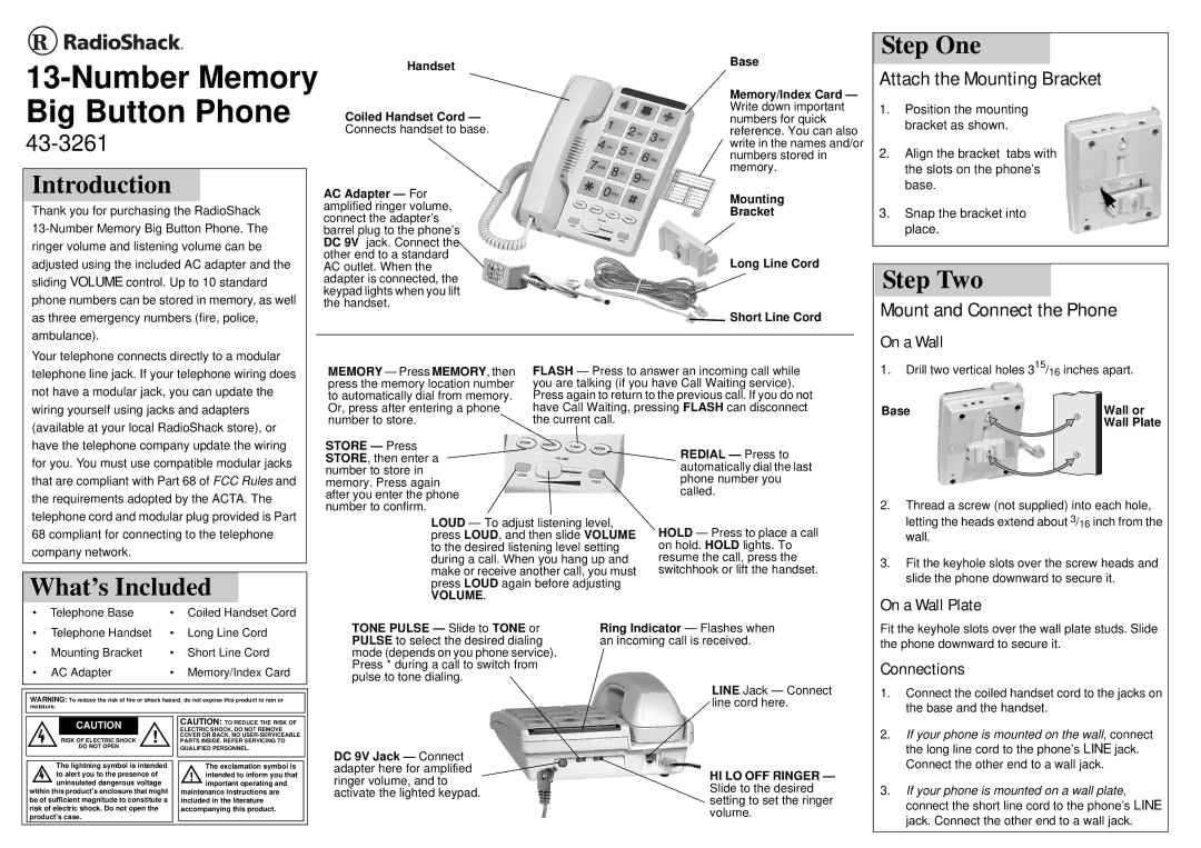 Radio Shack 43-3261 user service Introduction, Step One, Step Two, What’s Included 