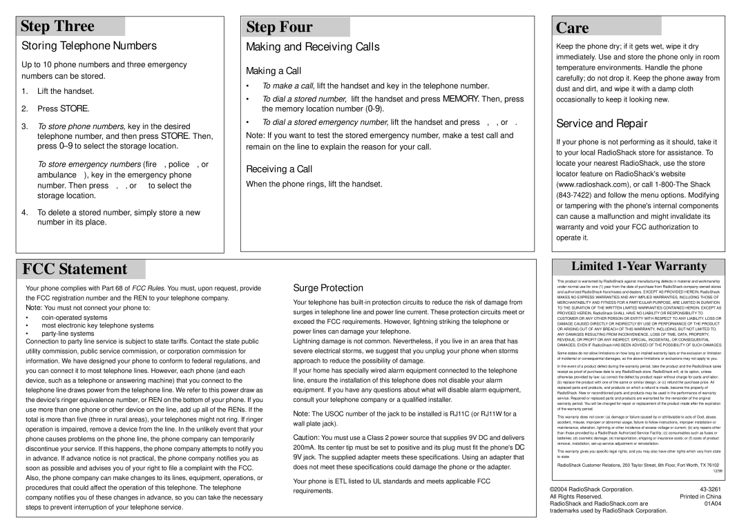 Radio Shack 43-3261 user service Step Three, Step Four, Care, FCC Statement 