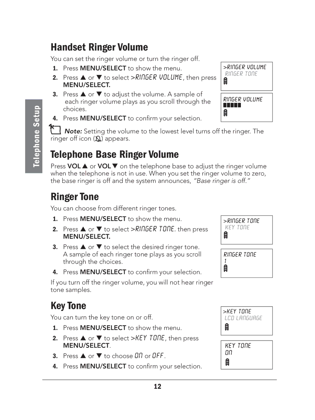 Radio Shack 43-327 manual Handset Ringer Volume, Telephone Base Ringer Volume, Ringer Tone, Key Tone 