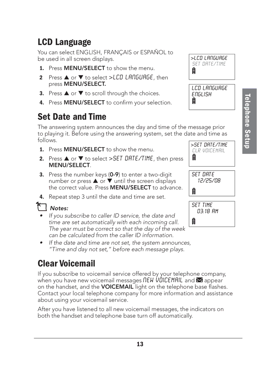 Radio Shack 43-327 manual LCD Language, Set Date and Time, Clear Voicemail, Press the number keys 0-9 to enter a two-digit 