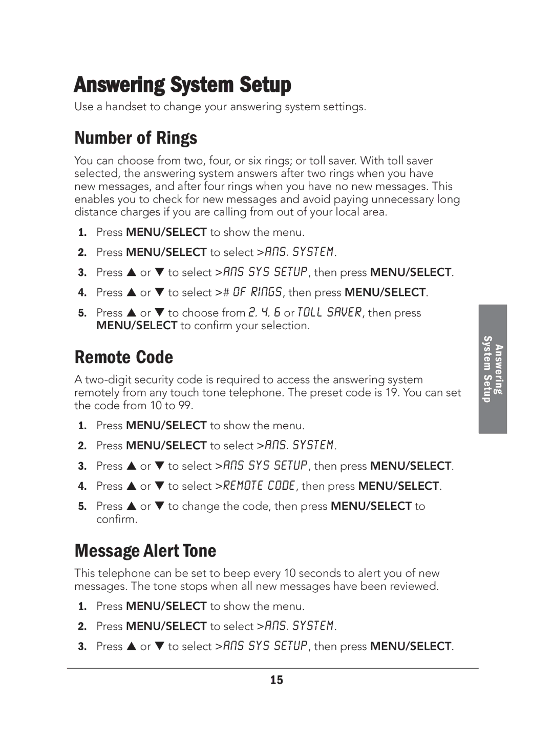 Radio Shack 43-327 manual Answering System Setup, Number of Rings, Remote Code, Message Alert Tone 