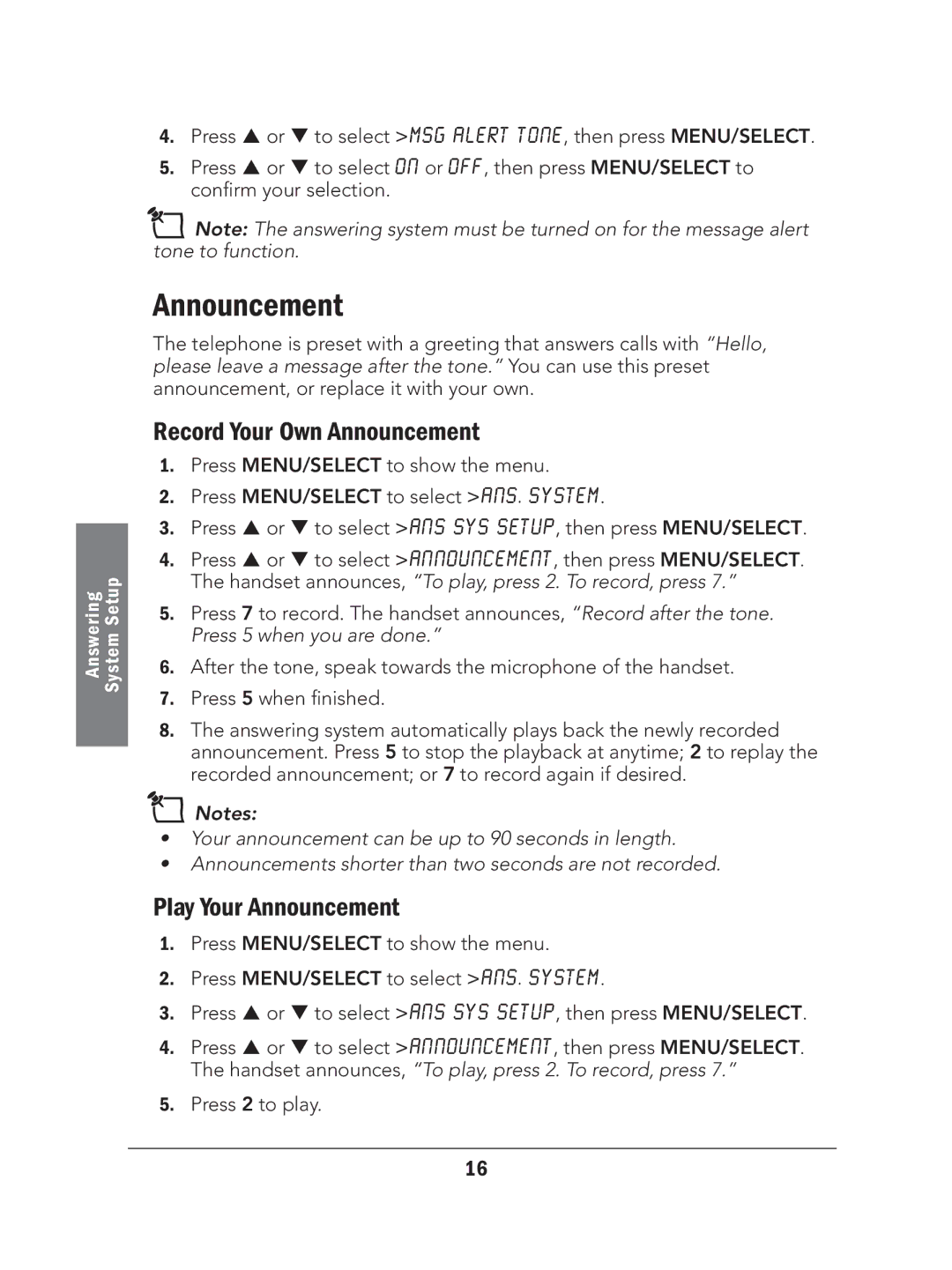 Radio Shack 43-327 manual Record Your Own Announcement, Play Your Announcement, Press 2 to play 