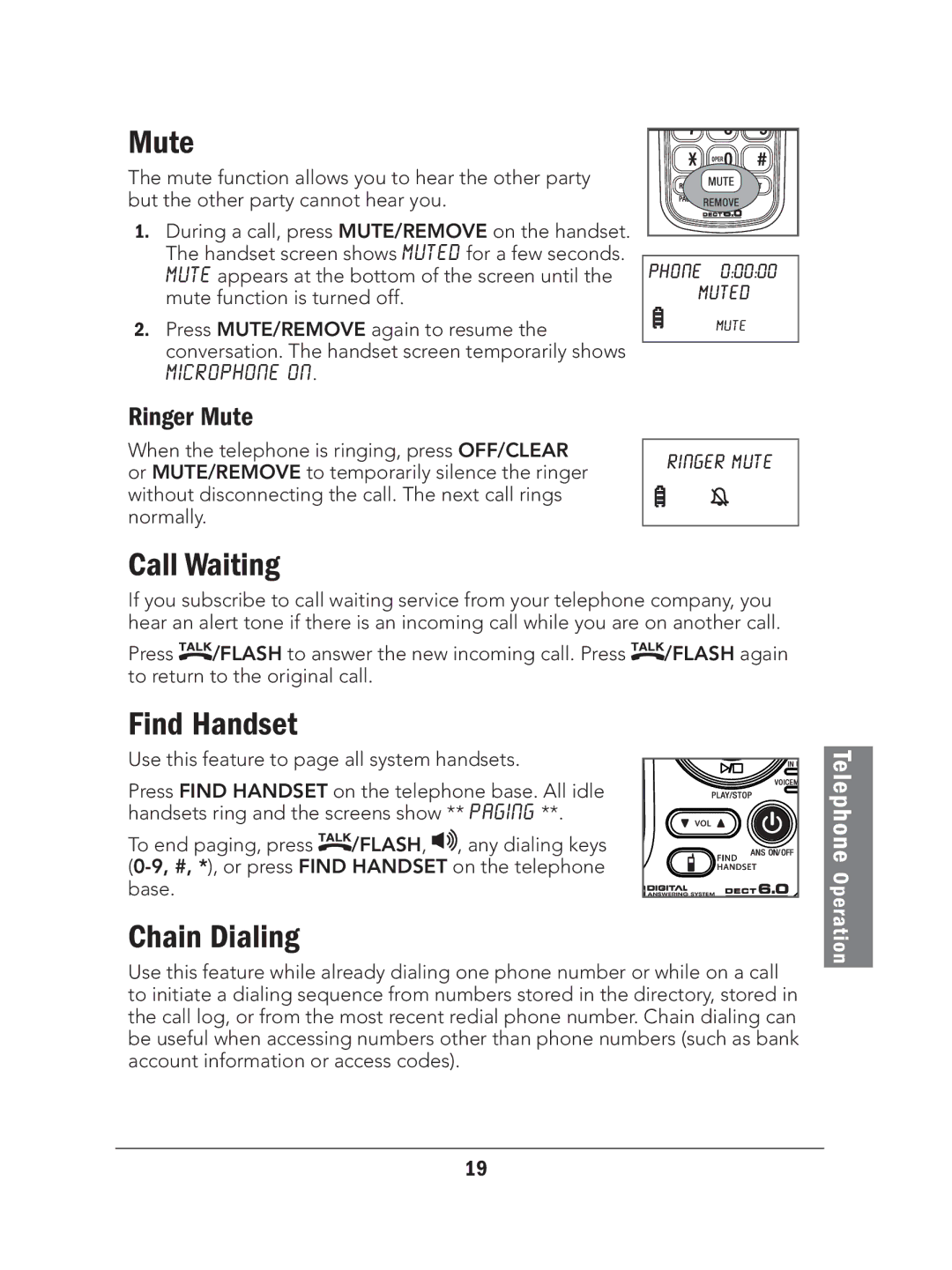 Radio Shack 43-327 manual Call Waiting, Find Handset, Chain Dialing, Ringer Mute 