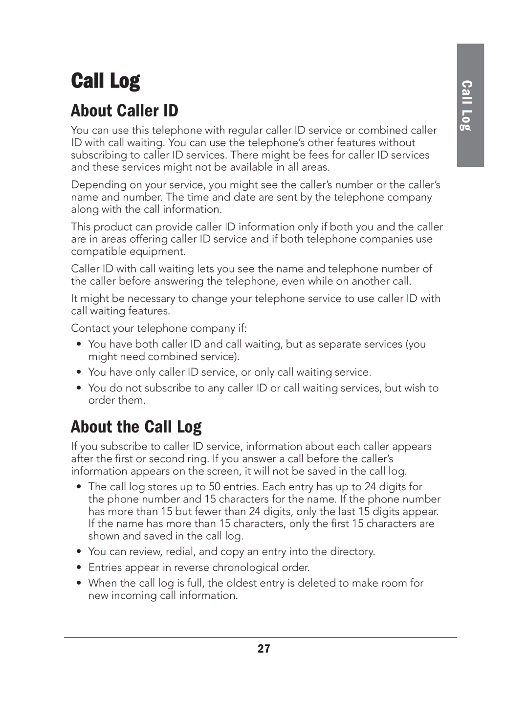 Radio Shack 43-327 manual About Caller ID, About the Call Log 