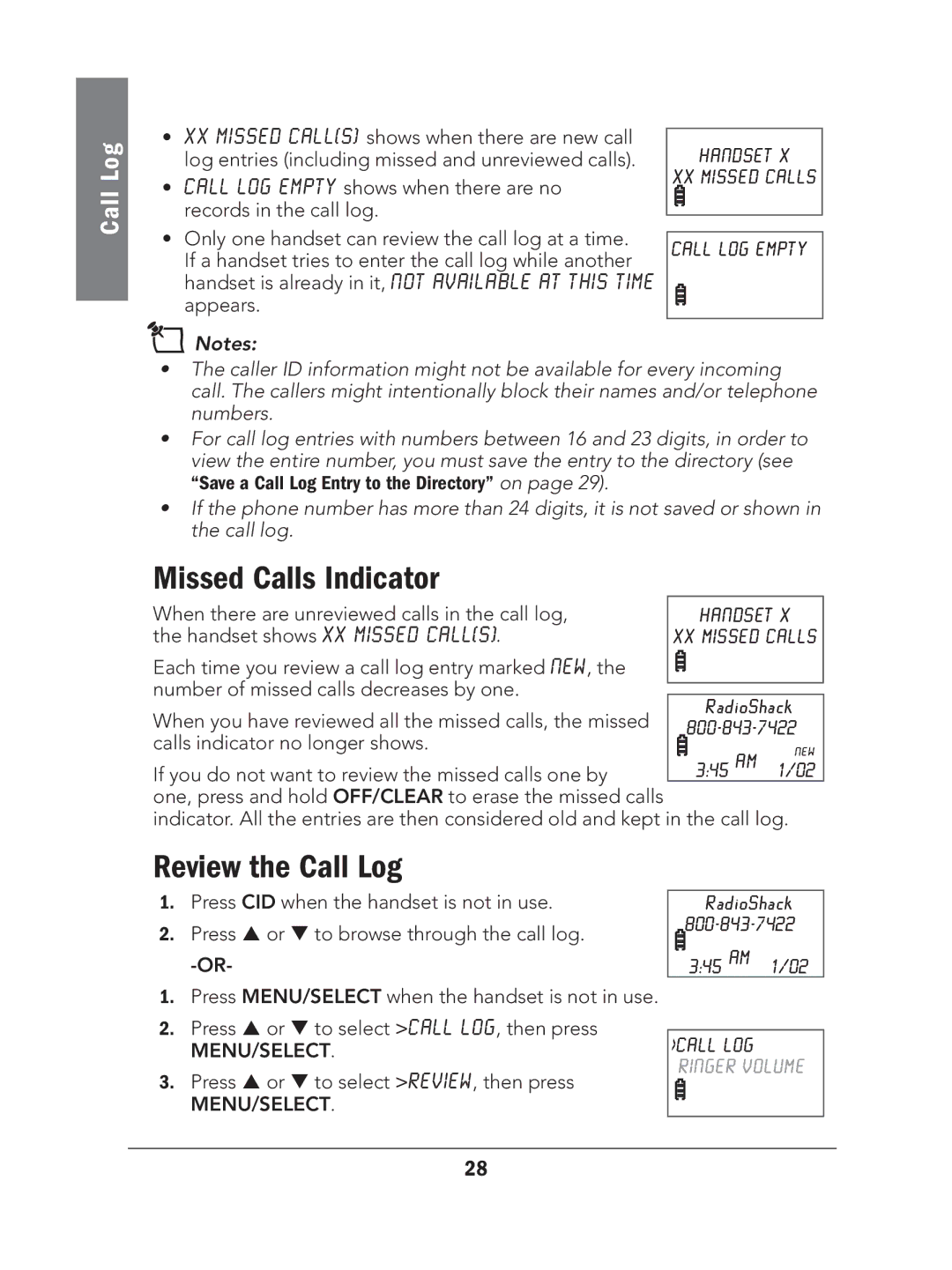 Radio Shack 43-327 manual Missed Calls Indicator, Review the Call Log 