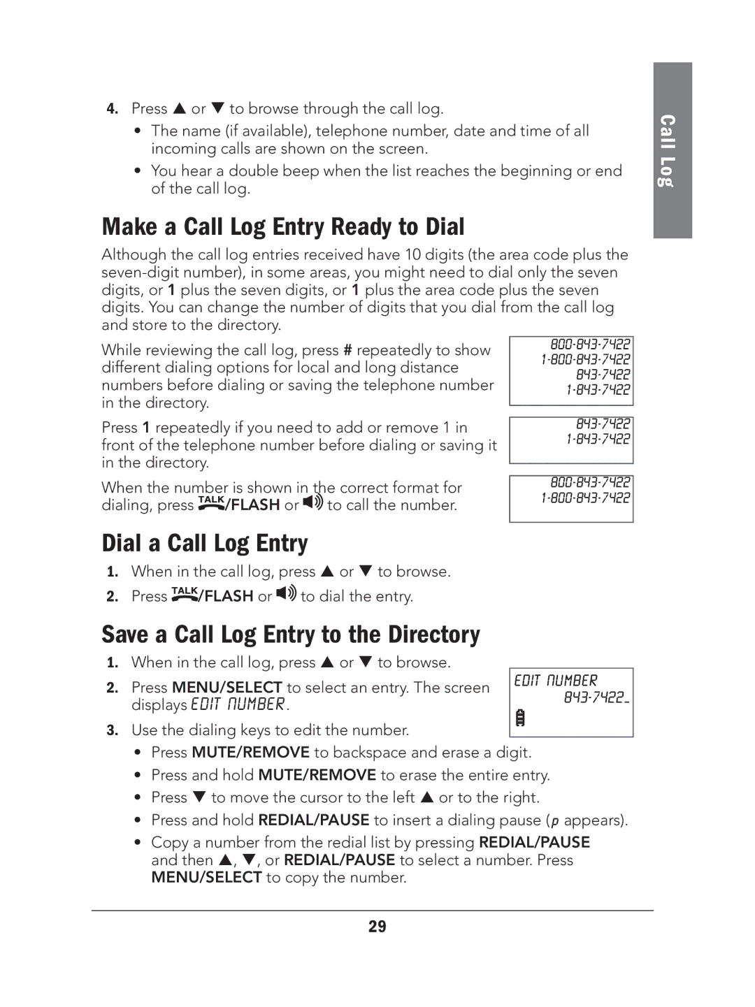 Radio Shack 43-327 manual Make a Call Log Entry Ready to Dial, Dial a Call Log Entry, Directory 