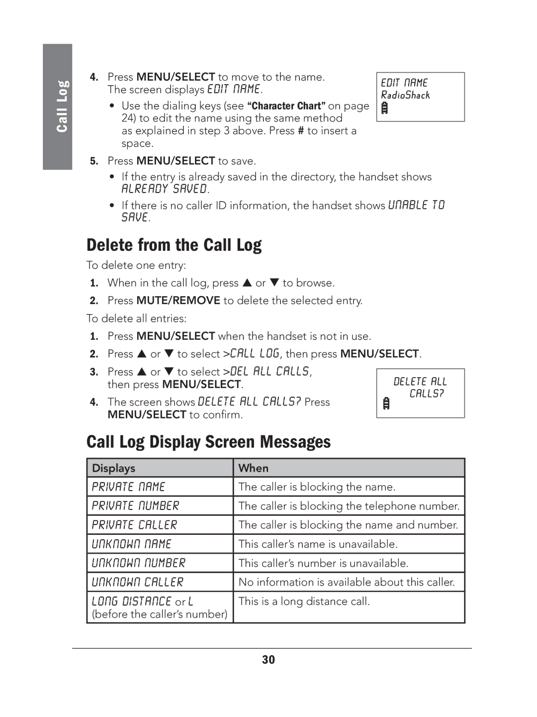 Radio Shack 43-327 manual Delete from the Call Log, Call Log Display Screen Messages 