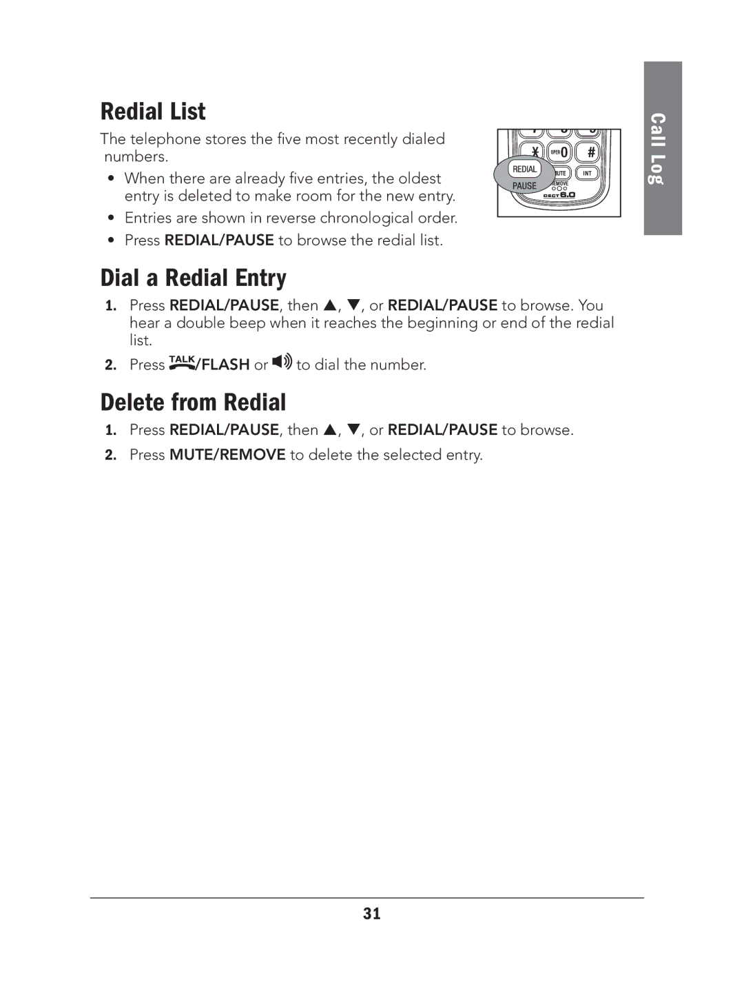 Radio Shack 43-327 manual Redial List, Dial a Redial Entry, Delete from Redial 