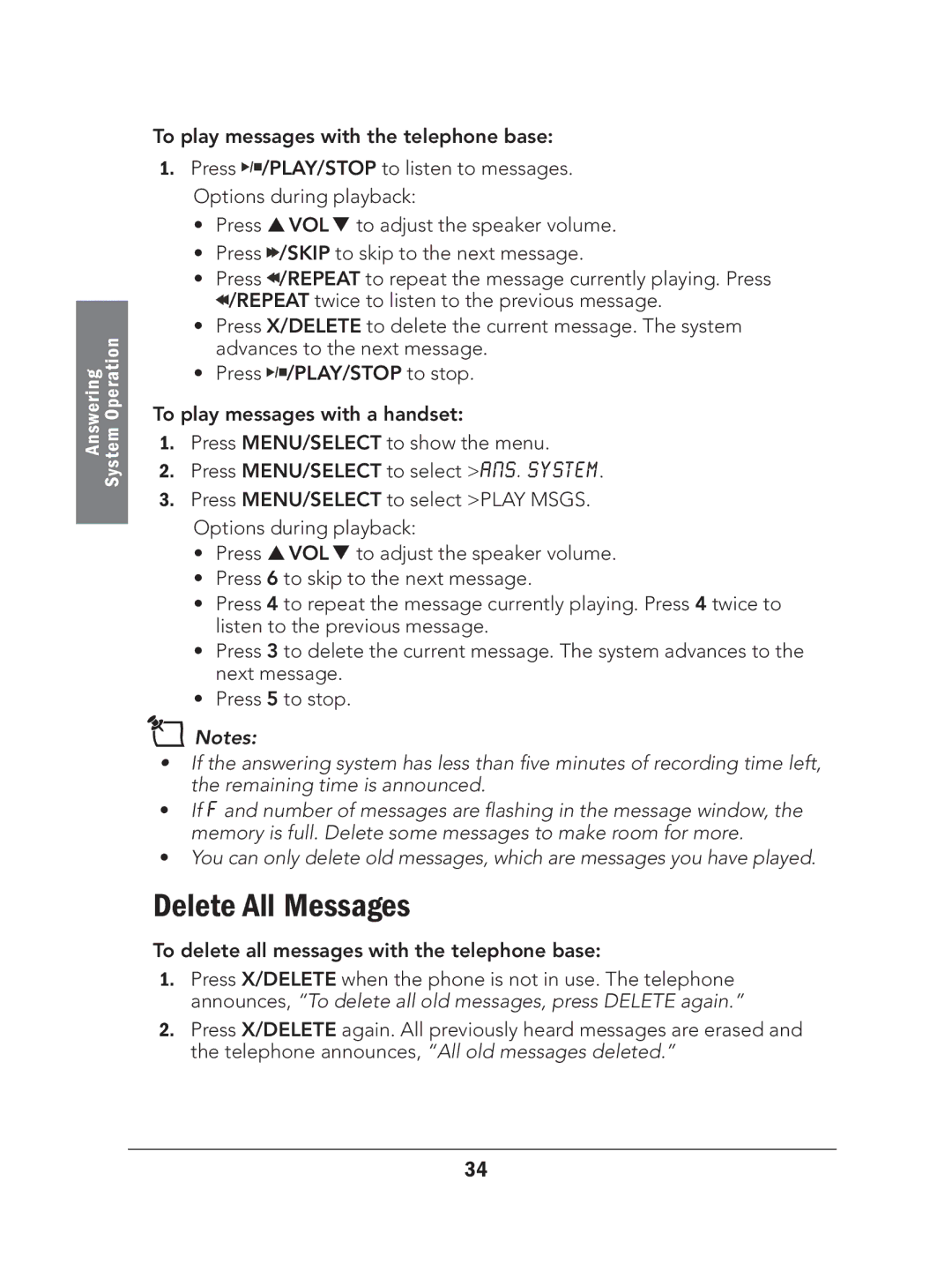 Radio Shack 43-327 manual Delete All Messages, To delete all messages with the telephone base 