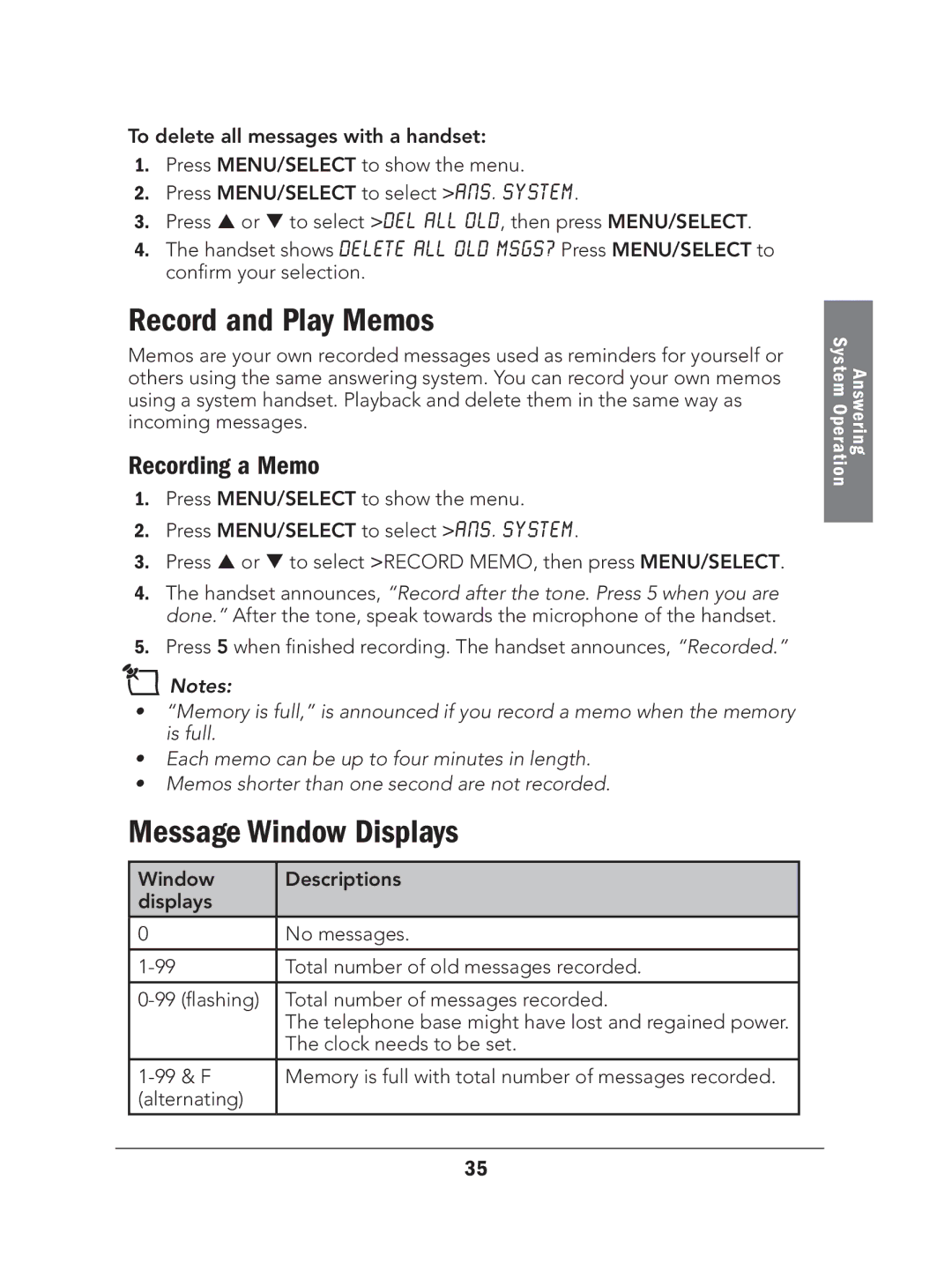 Radio Shack 43-327 manual Record and Play Memos, Message Window Displays, Recording a Memo 