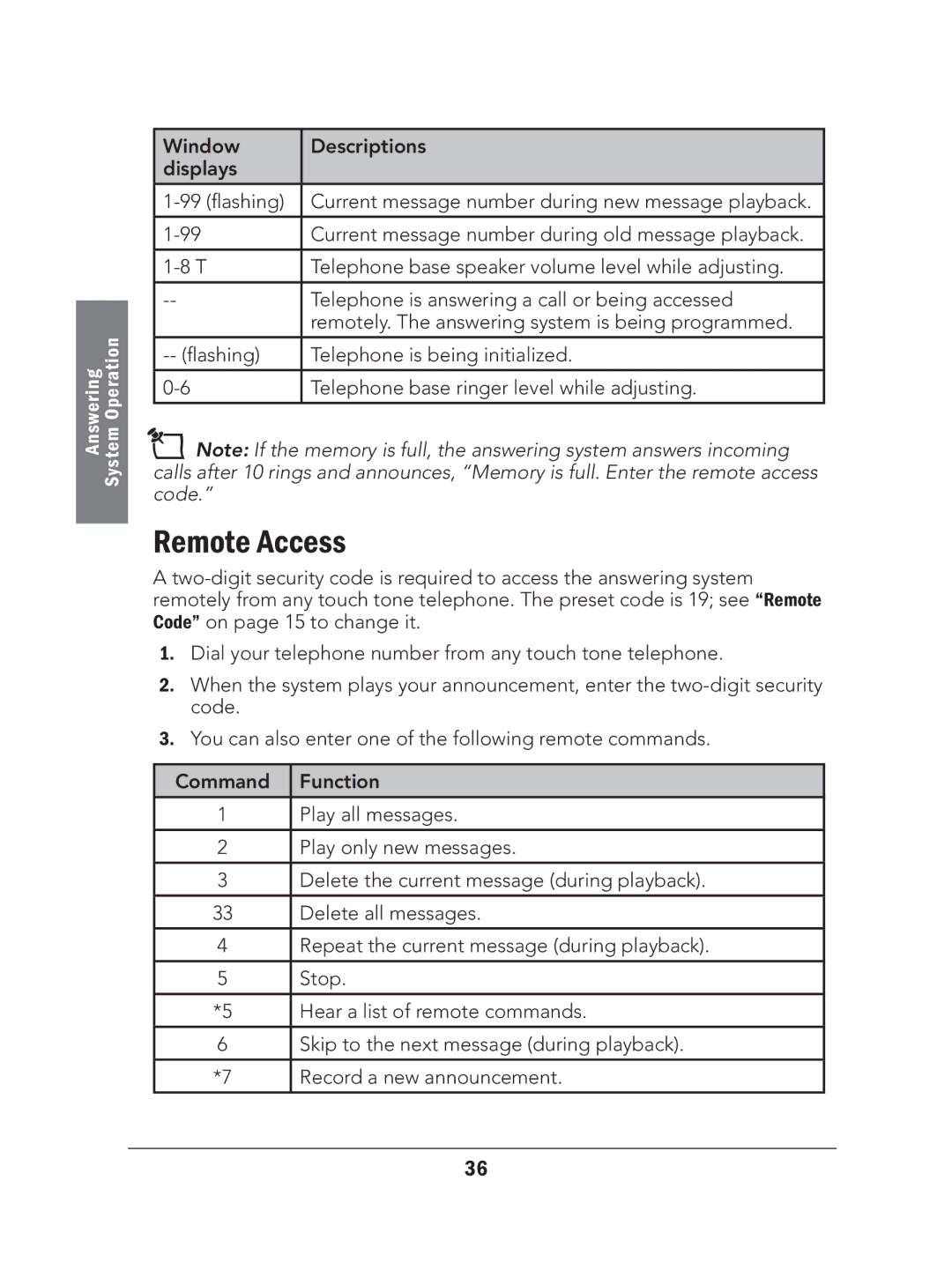 Radio Shack 43-327 manual Remote Access, Window Descriptions Displays Flashing 