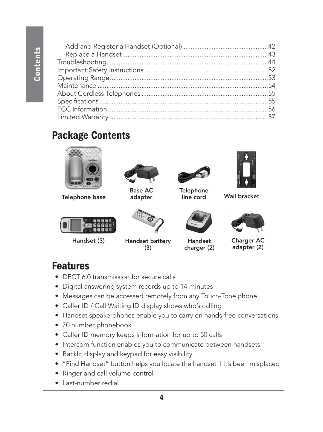 Radio Shack 43-327 manual Package Contents, Features 