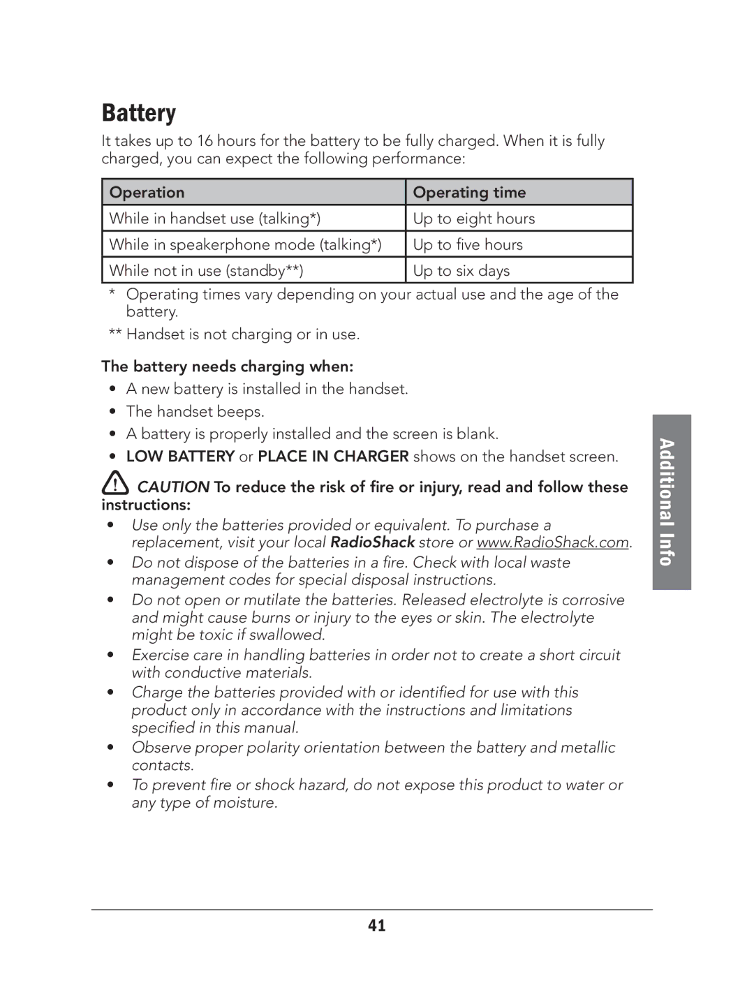 Radio Shack 43-327 manual Battery 