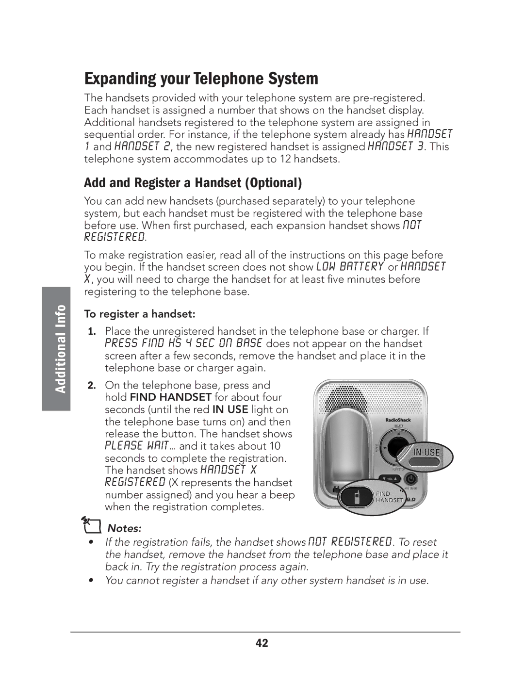 Radio Shack 43-327 manual Expanding your Telephone System, Add and Register a Handset Optional 