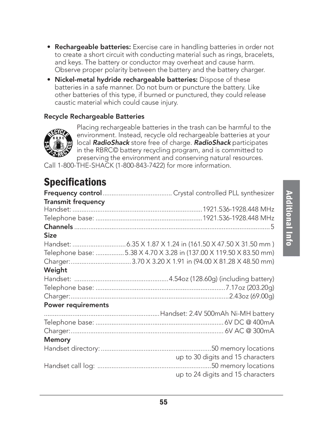 Radio Shack 43-327 manual Specifications 