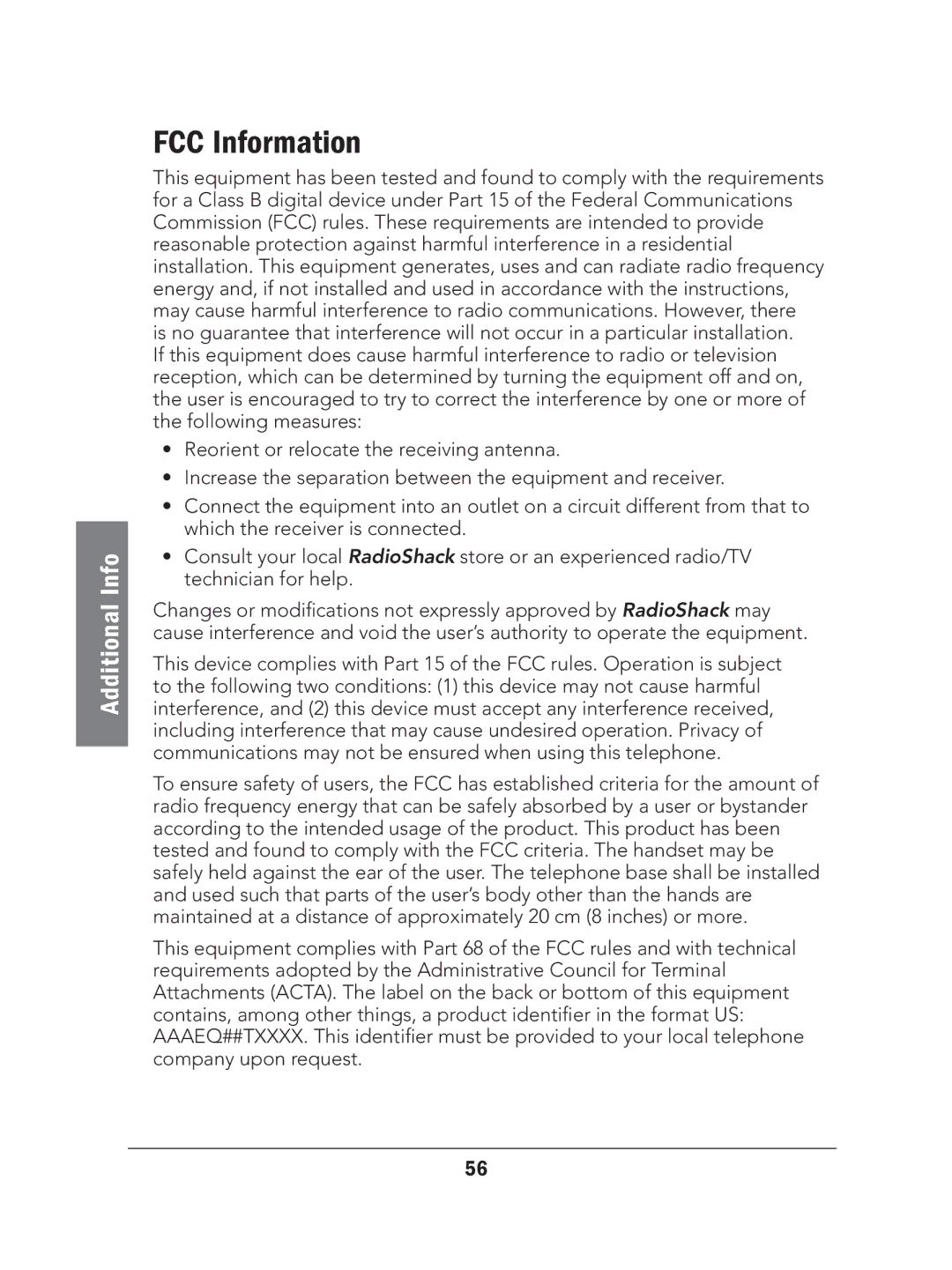 Radio Shack 43-327 manual FCC Information 