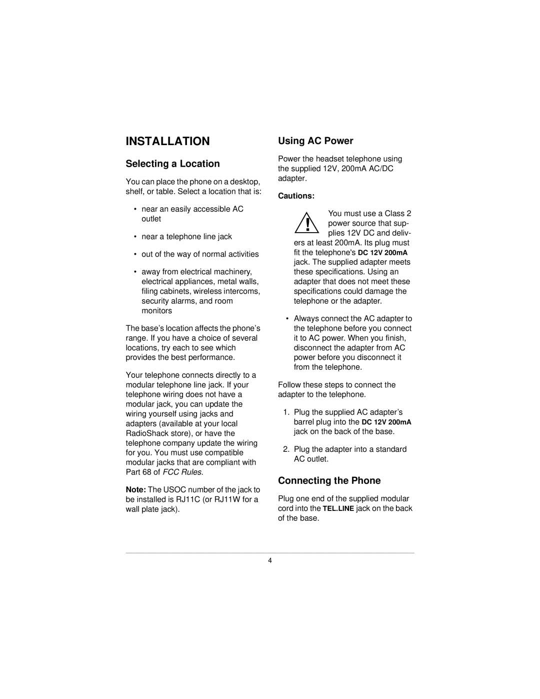 Radio Shack 43-3522 manual Installation, Selecting a Location, Using AC Power, Connecting the Phone 