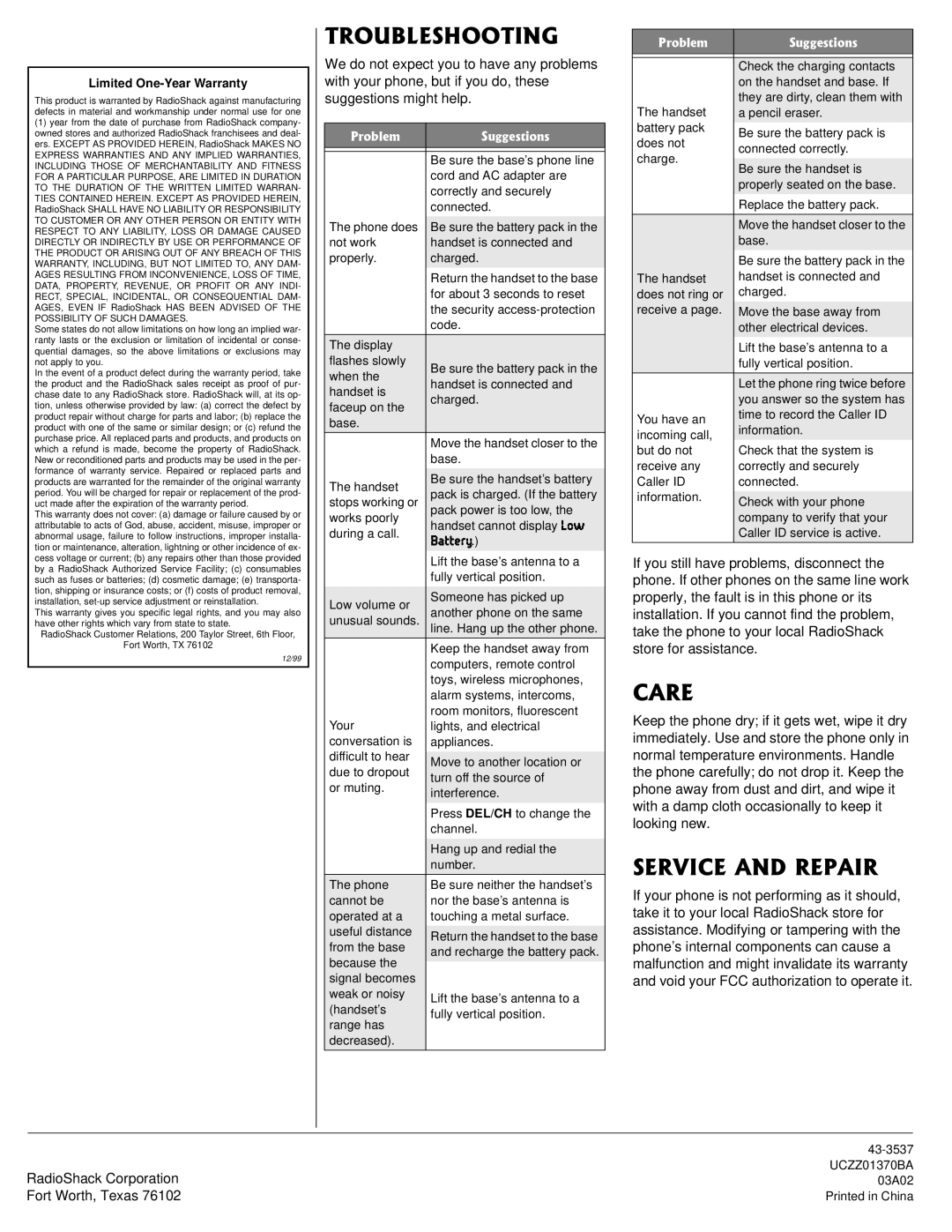 Radio Shack 43-3537 owner manual 6417$.5*116+0, 548+%#0&42#+4, 8Wjjho, RadioShack Corporation, Fort Worth, Texas 