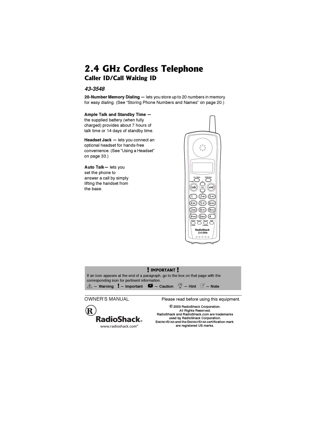 Radio Shack 43-3548 owner manual GHz Cordless Telephone, Caller ID/Call Waiting ID 