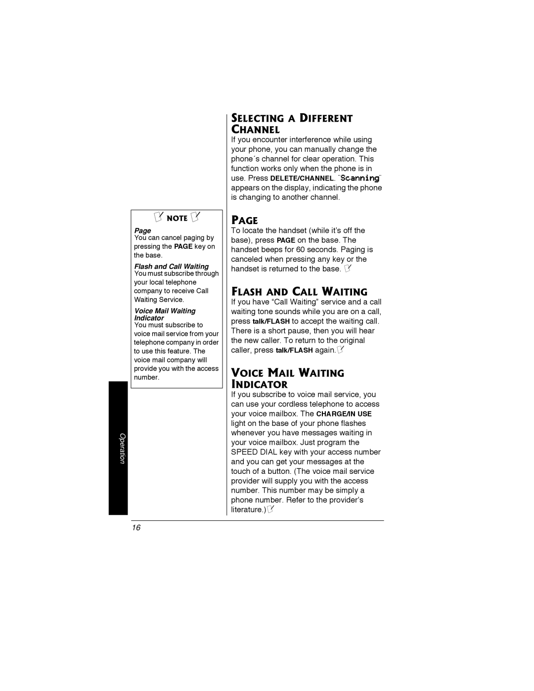 Radio Shack 43-3548 owner manual Selecting a Different Channel, Flash and Call Waiting, Voice Mail Waiting Indicator 