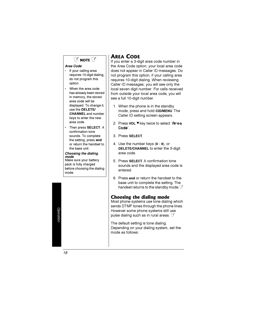 Radio Shack 43-3548 owner manual Choosing the dialing mode, Area Code 