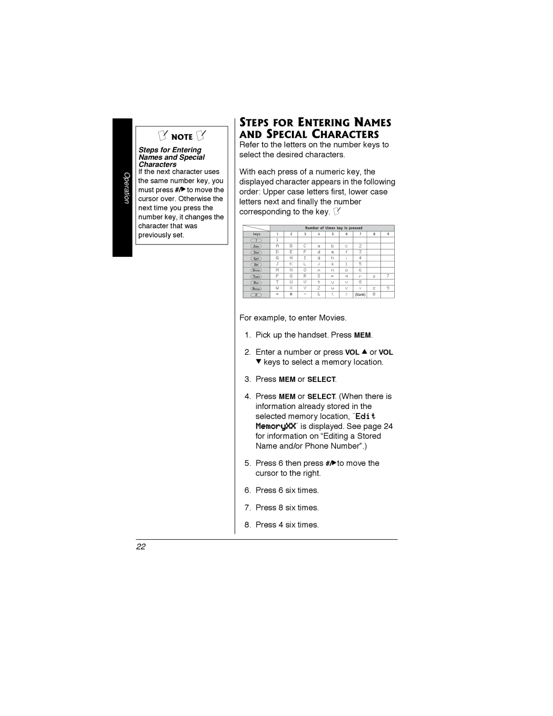 Radio Shack 43-3548 owner manual Steps for Entering Names and Special Characters 