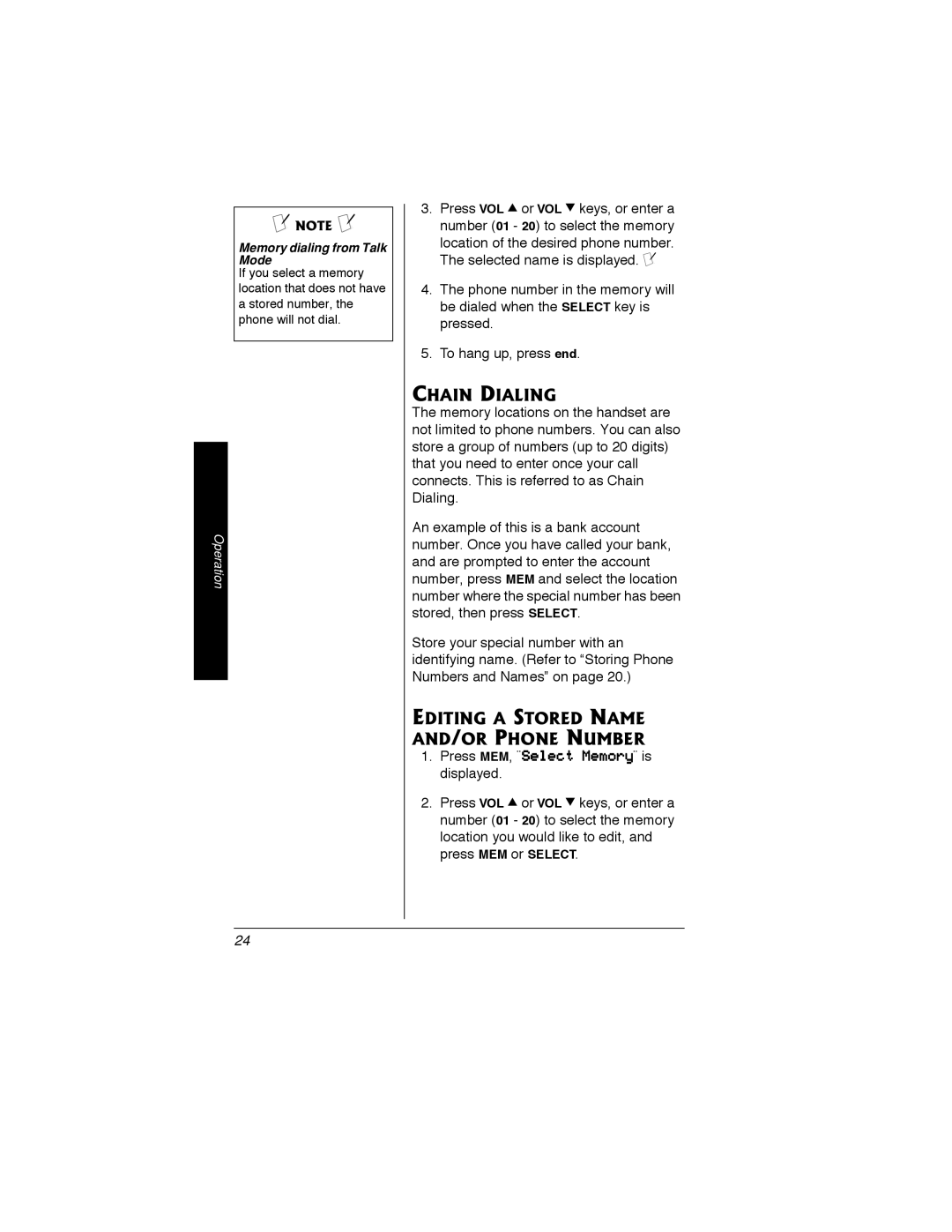 Radio Shack 43-3548 owner manual Chain Dialing, Editing a Stored Name AND/OR Phone Number, Memory dialing from Talk Mode 