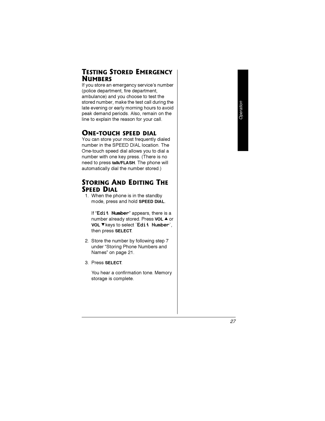 Radio Shack 43-3548 owner manual Testing Stored Emergency Numbers, ONE-TOUCH Speed Dial, Storing and Editing the Speed Dial 