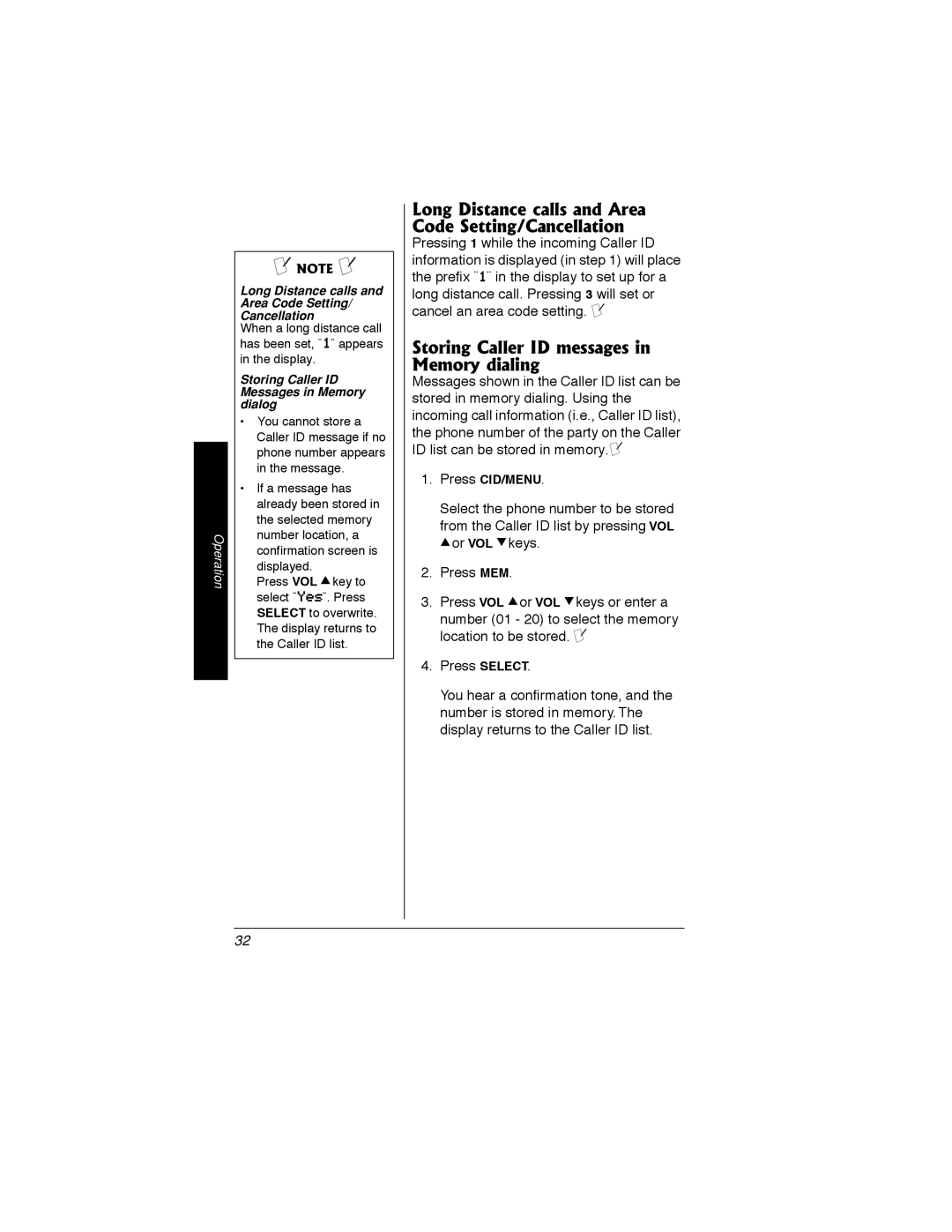 Radio Shack 43-3548 Long Distance calls and Area Code Setting/Cancellation, Storing Caller ID messages in Memory dialing 