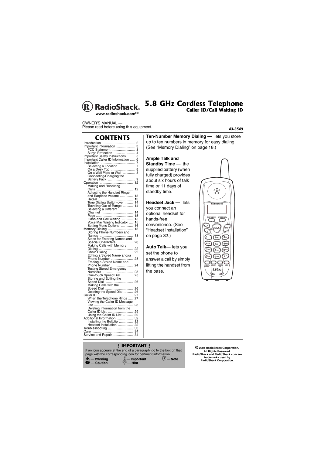 Radio Shack 43-3549 owner manual GHz Cordless Telephone 