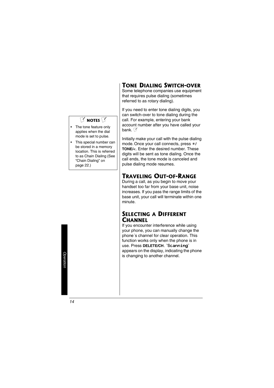 Radio Shack 43-3549 owner manual Tone Dialing SWITCH-OVER, Traveling OUT-OF-RANGE, Selecting a Different Channel 