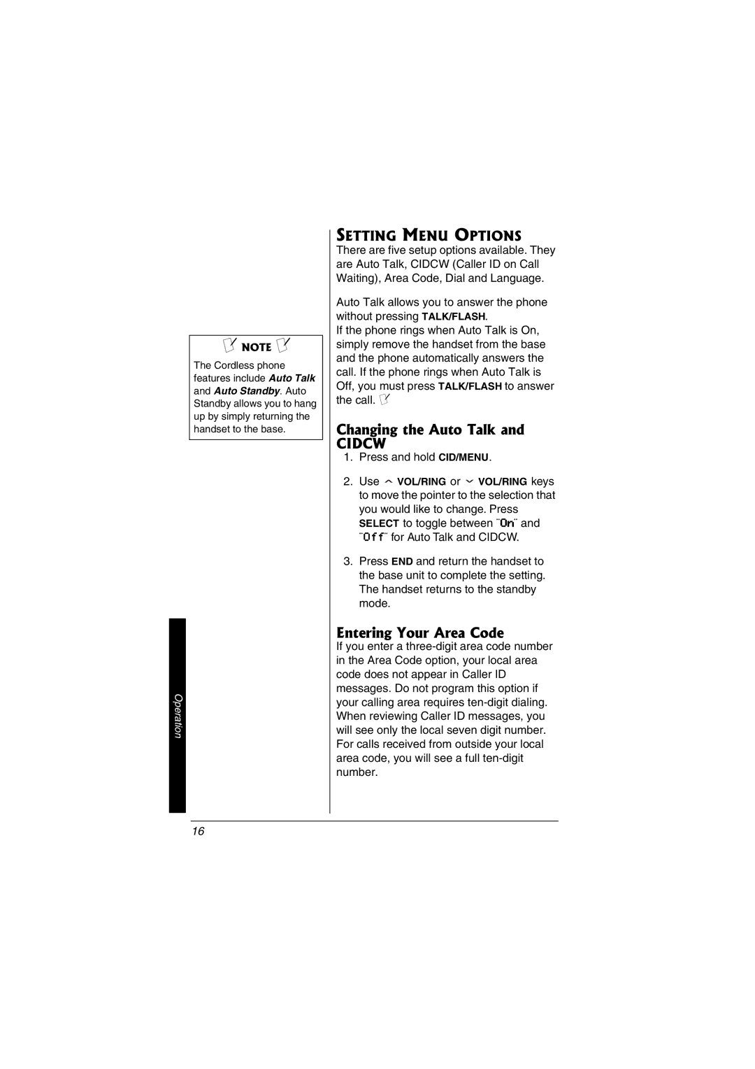 Radio Shack 43-3549 owner manual Changing the Auto Talk, Entering Your Area Code, Setting Menu Options 