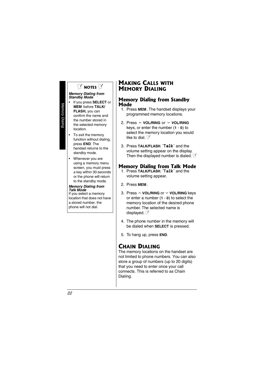 Radio Shack 43-3549 Memory Dialing from Standby Mode, Memory Dialing from Talk Mode, Making Calls with Memory Dialing 