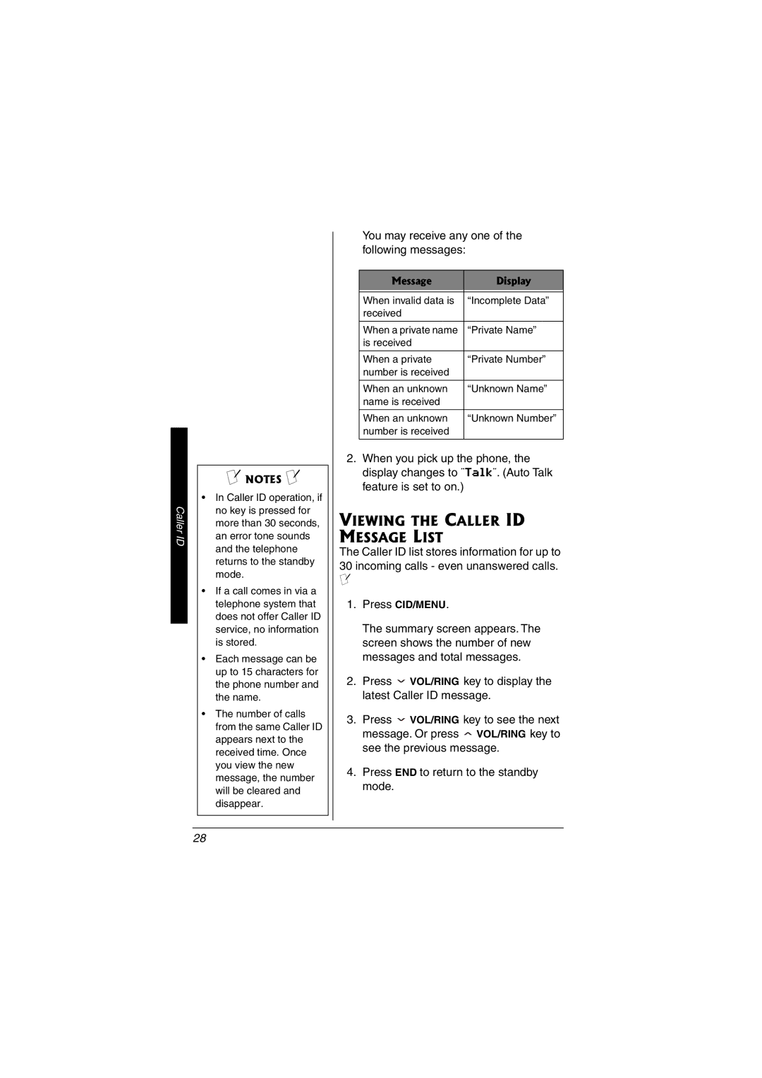 Radio Shack 43-3549 owner manual Viewing the Caller ID Message List, You may receive any one of the following messages 