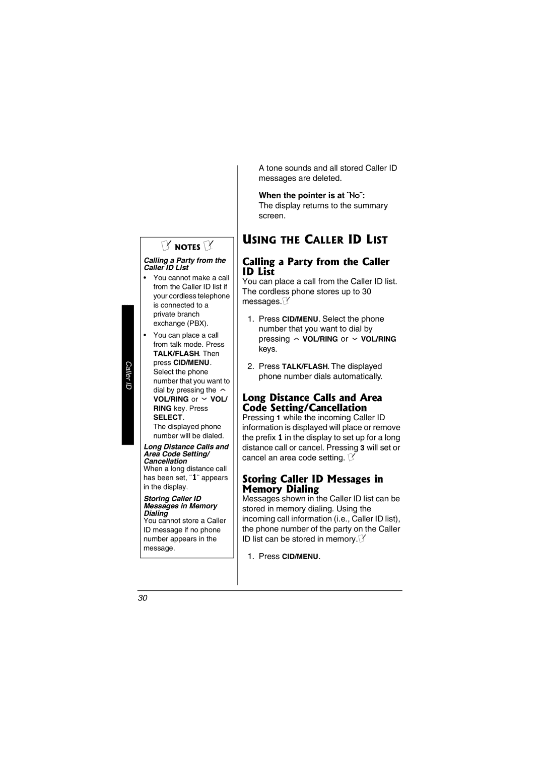 Radio Shack 43-3549 Calling a Party from the Caller ID List, Long Distance Calls and Area Code Setting/Cancellation 