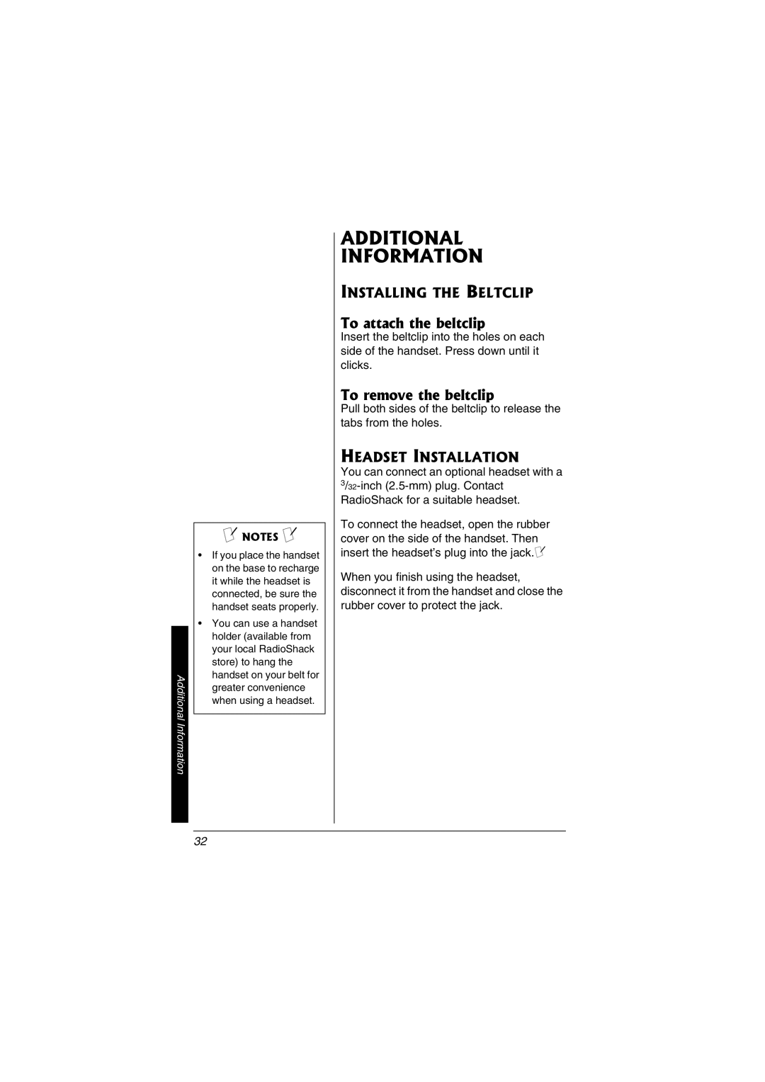 Radio Shack 43-3549 Additional Information, To attach the beltclip, To remove the beltclip, Installing the Beltclip 