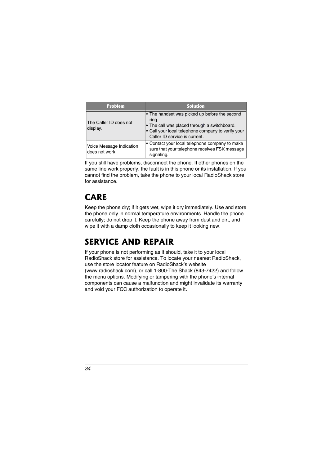 Radio Shack 43-3549 owner manual Care, Service and Repair 