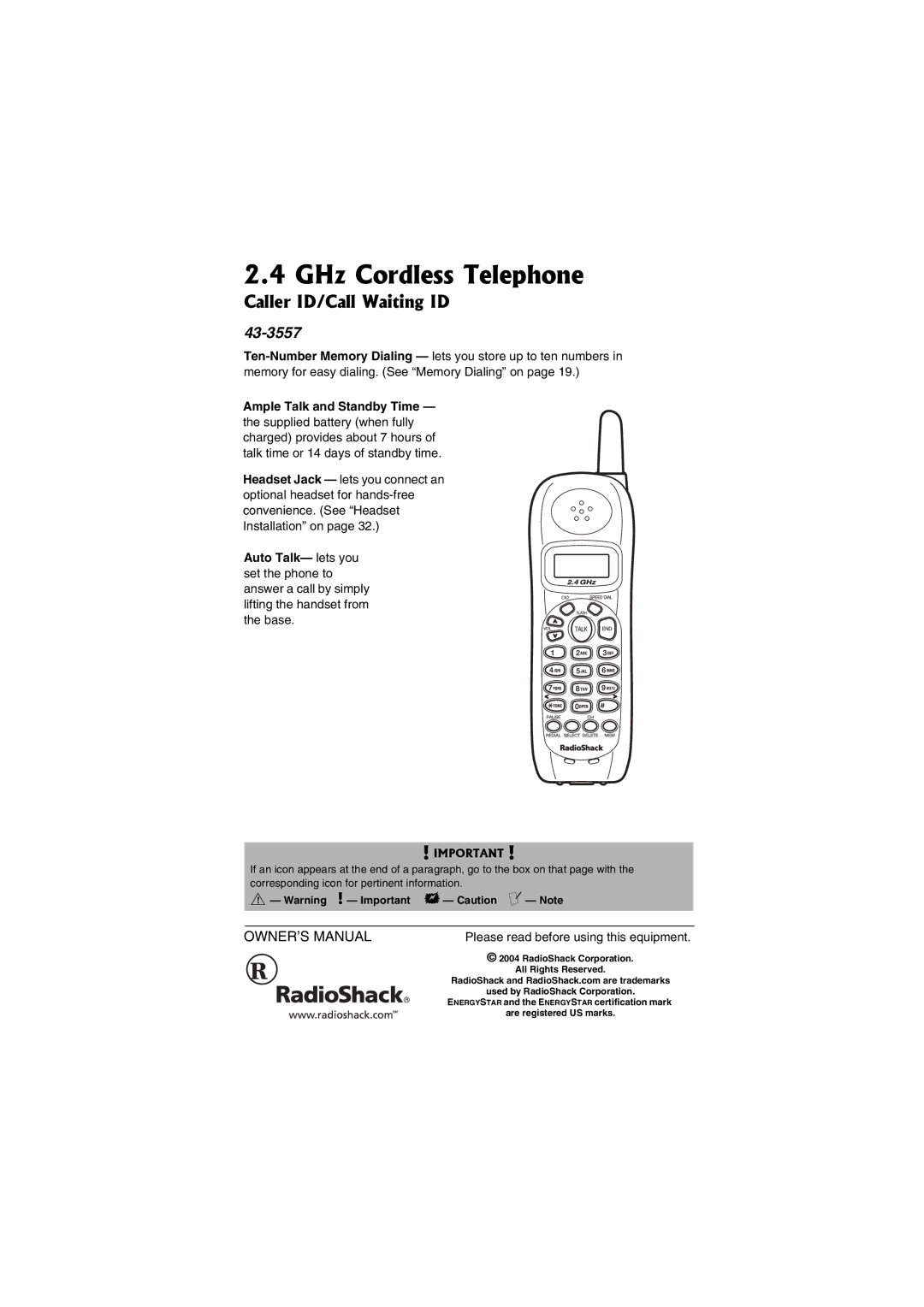 Radio Shack 43-3557 owner manual GHz Cordless Telephone, Caller ID/Call Waiting ID 