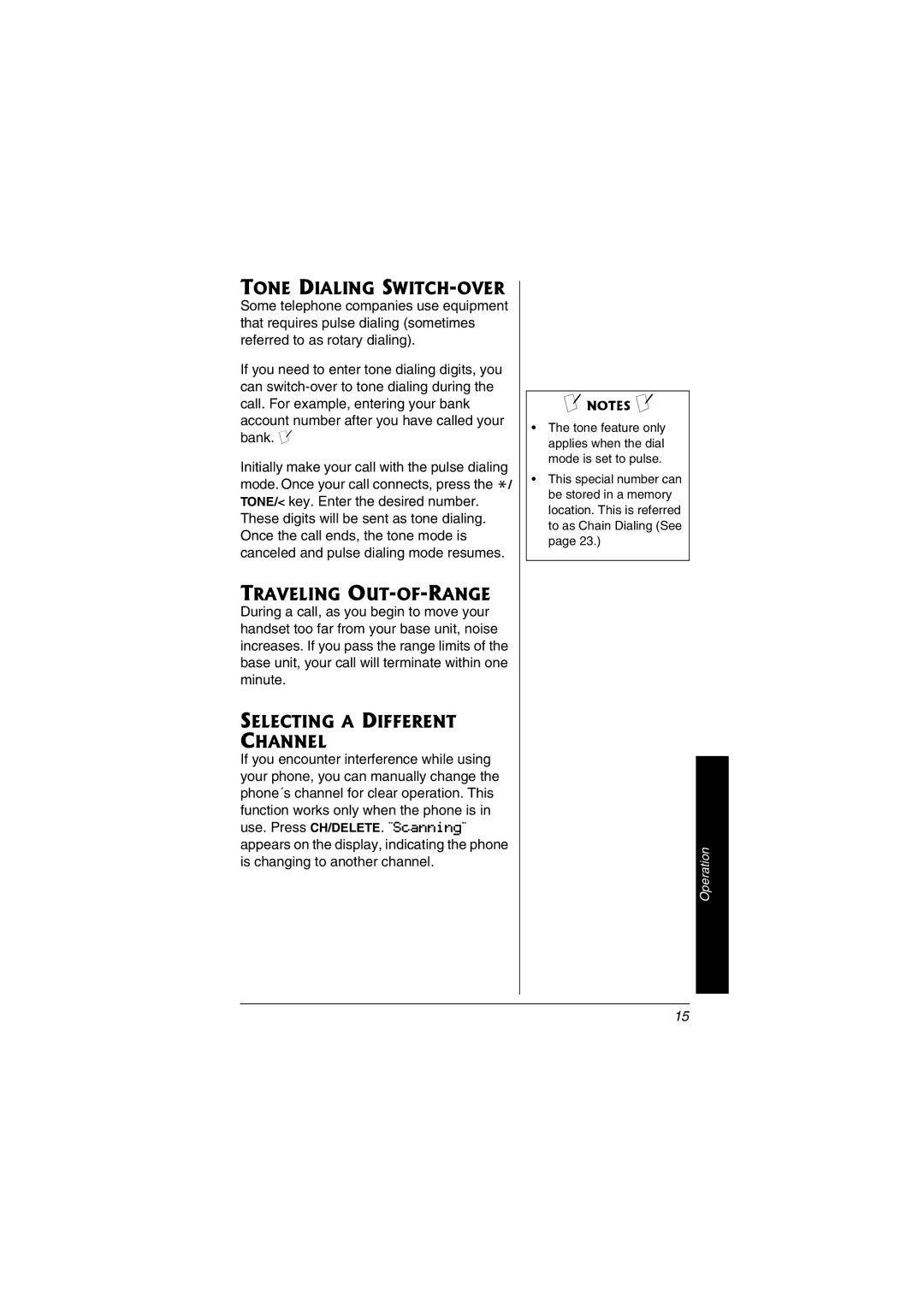 Radio Shack 43-3557 owner manual Tone Dialing SWITCH-OVER, Traveling OUT-OF-RANGE, Selecting a Different Channel 