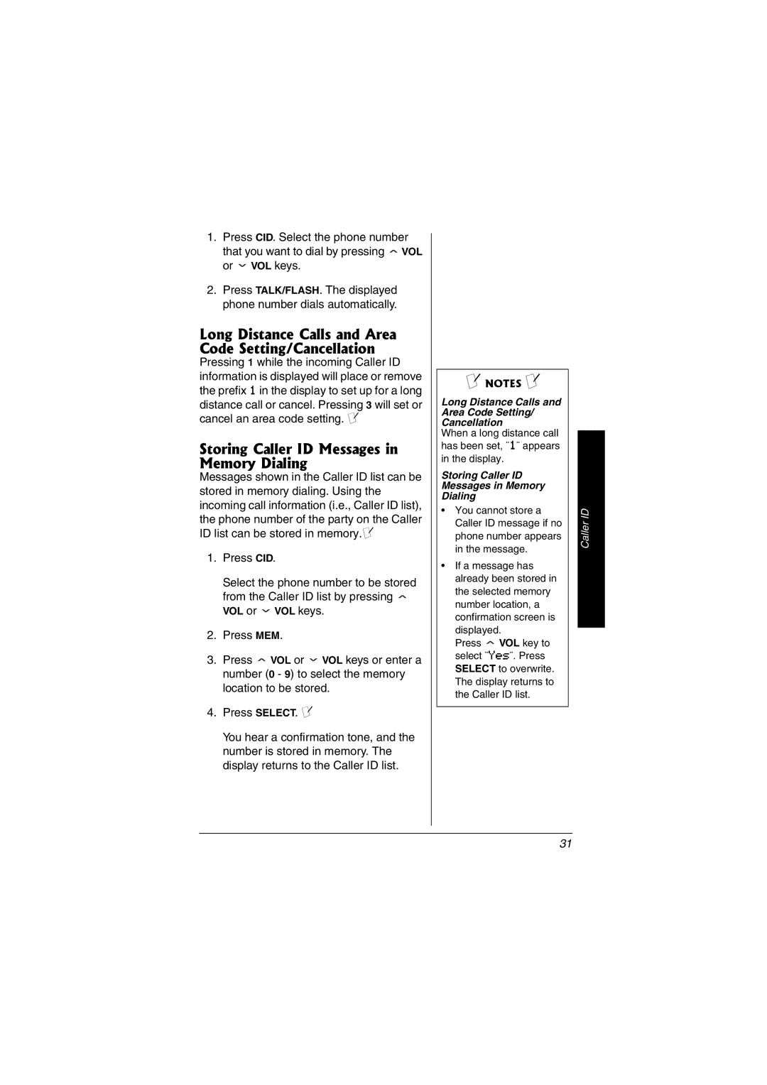 Radio Shack 43-3557 Long Distance Calls and Area Code Setting/Cancellation, Storing Caller ID Messages in Memory Dialing 