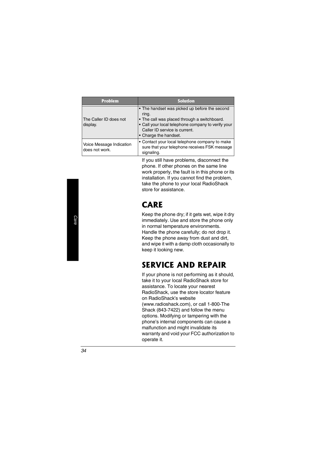 Radio Shack 43-3557 owner manual Care, Service and Repair 