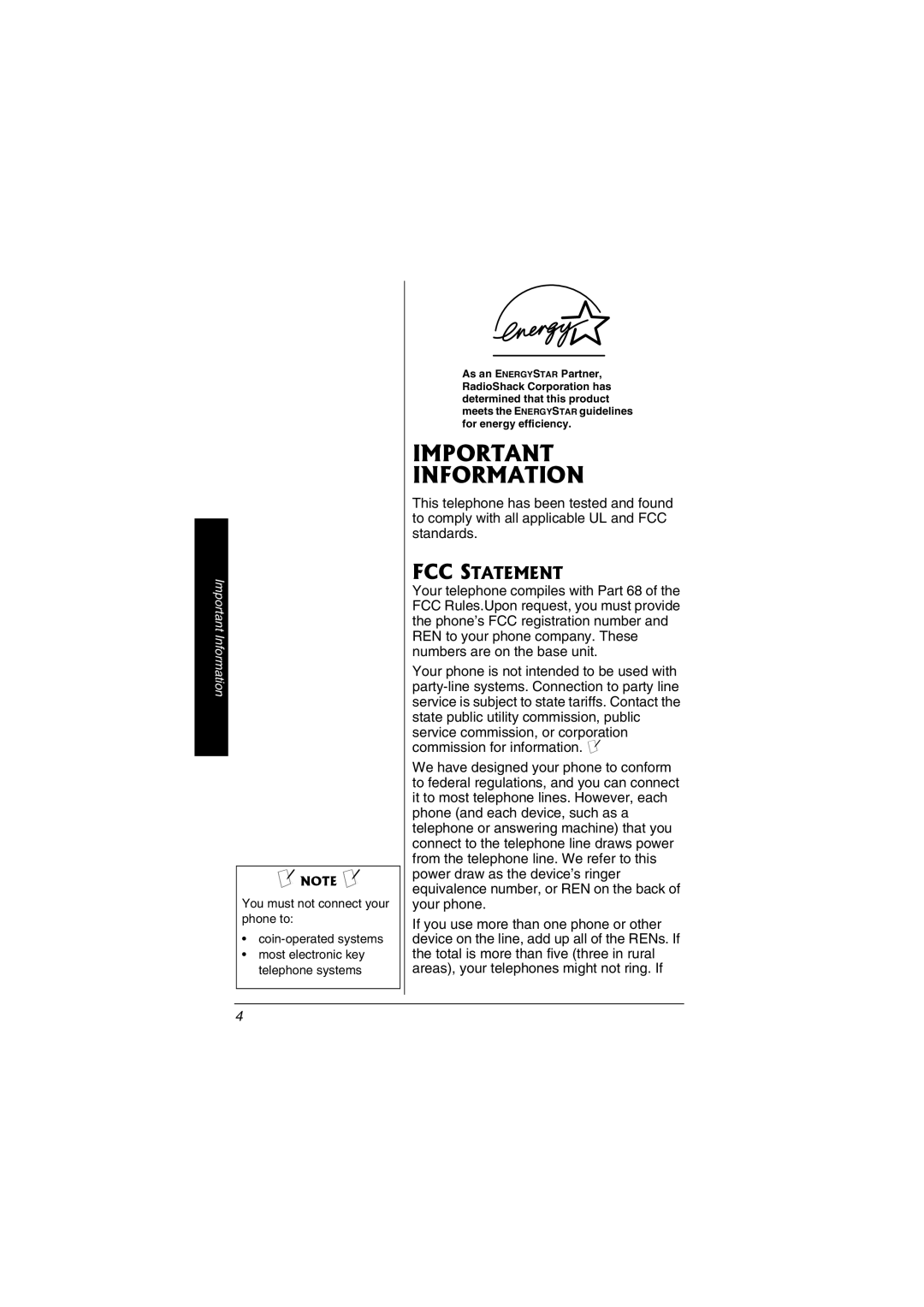 Radio Shack 43-3557 owner manual FCC Statement, Important Information 