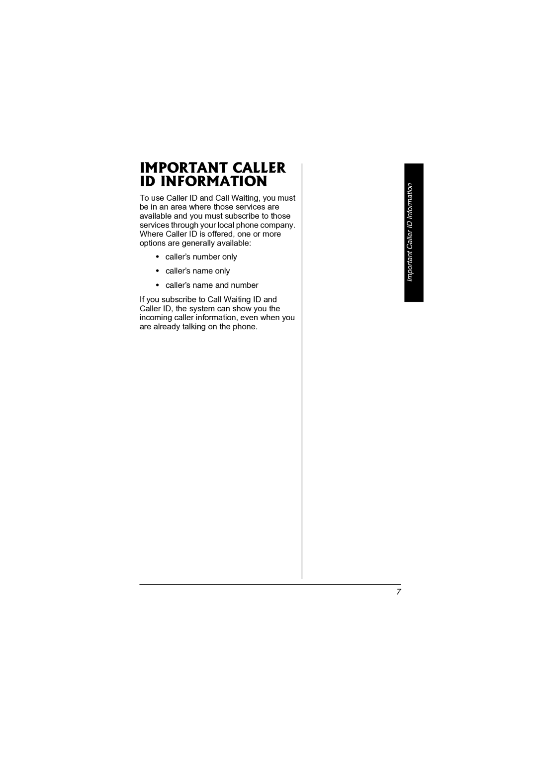 Radio Shack 43-3557 owner manual Important Caller ID Information 