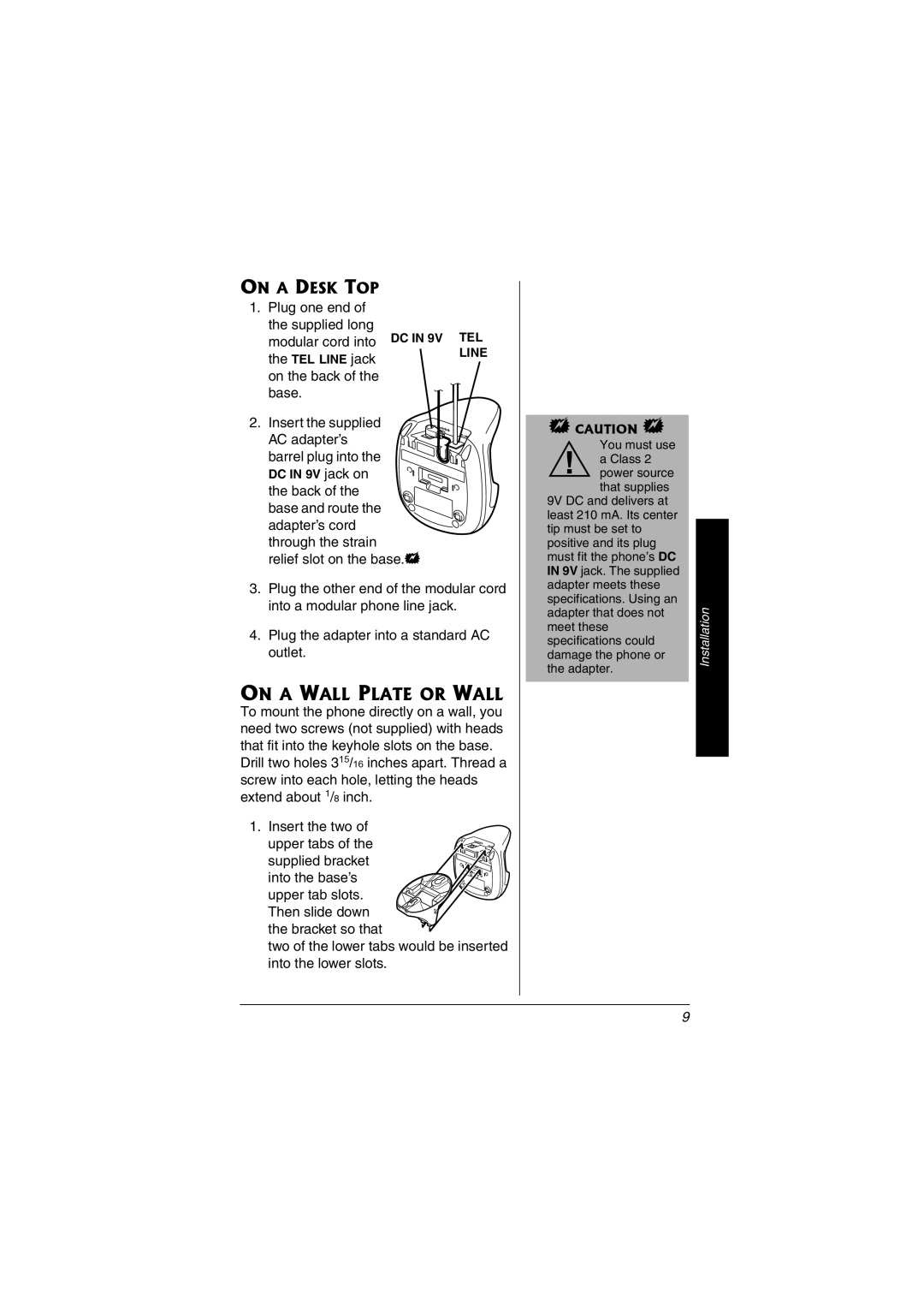 Radio Shack 43-3557 owner manual On a Wall Plate or Wall, On a Desk TOP 