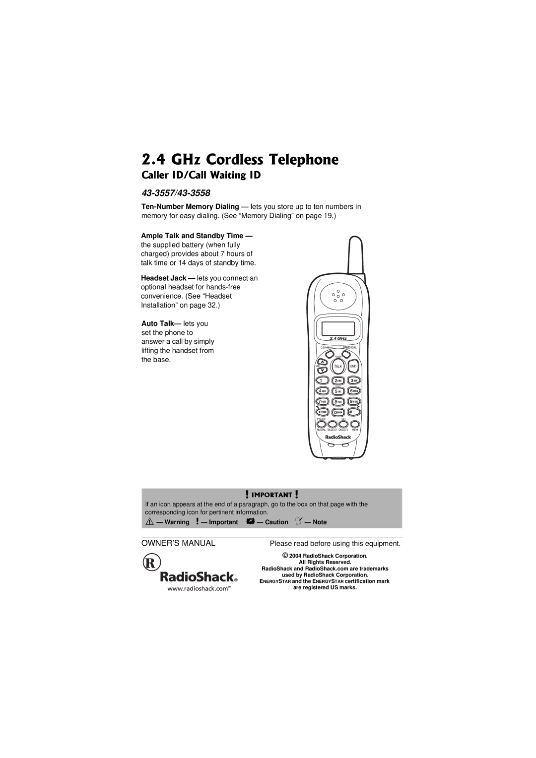 Radio Shack 43-3558 owner manual GHz Cordless Telephone, Caller ID/Call Waiting ID 