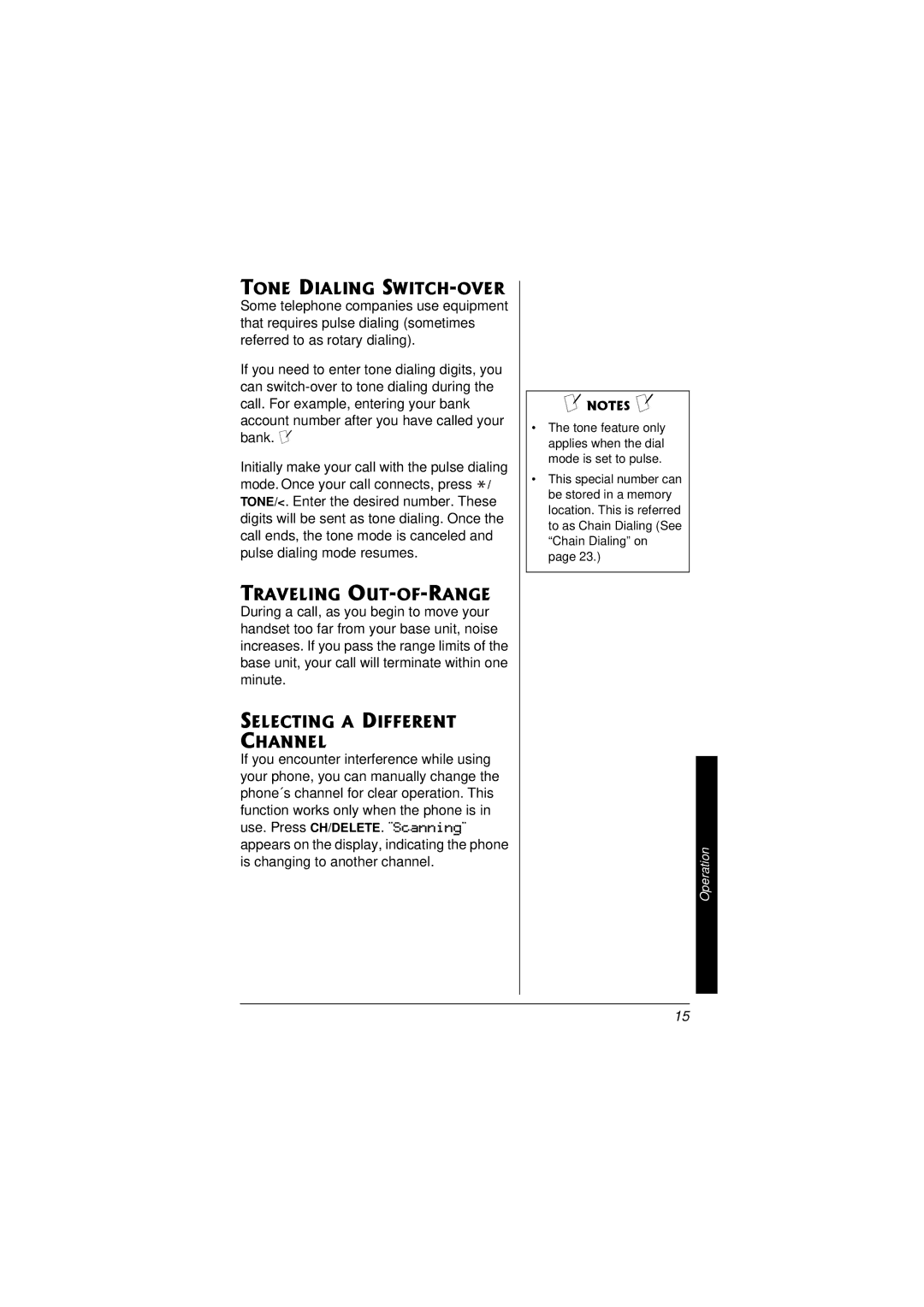 Radio Shack 43-3558 owner manual Tone Dialing SWITCH-OVER, Traveling OUT-OF-RANGE, Selecting a Different Channel 