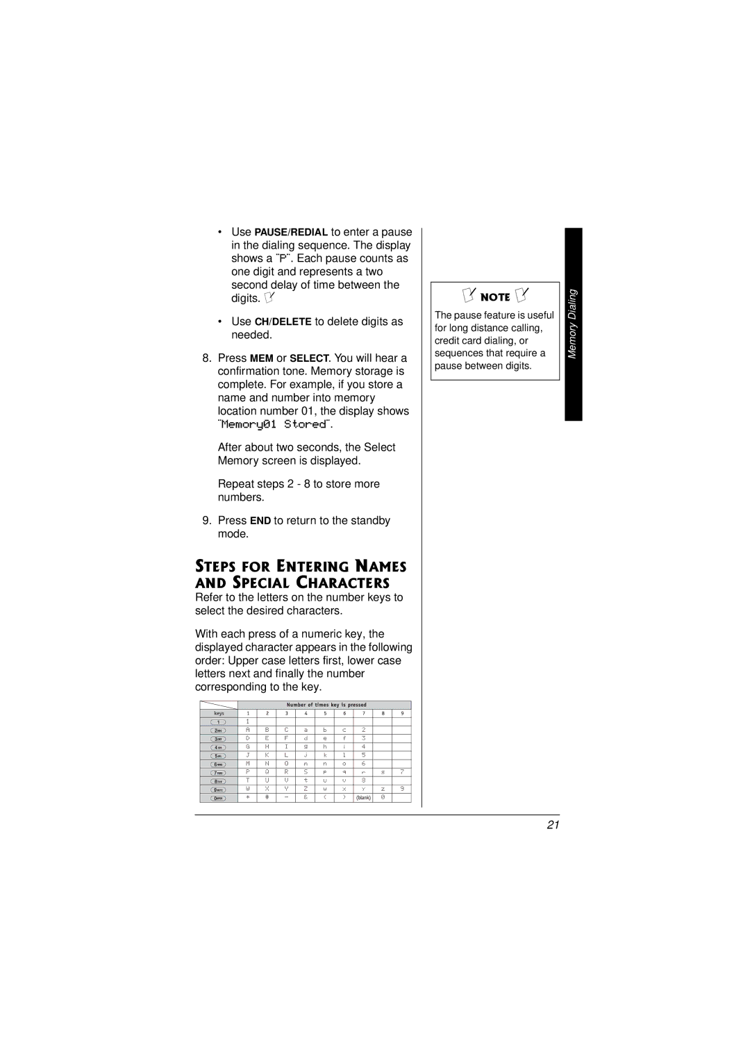 Radio Shack 43-3558 owner manual Steps for Entering Names and Special Characters, Use PAUSE/REDIAL to enter a pause 