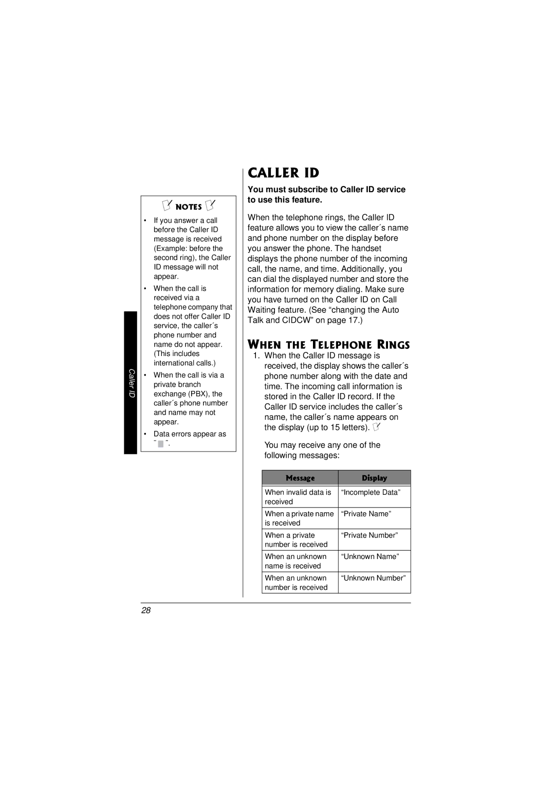 Radio Shack 43-3558 owner manual Caller ID, When the Telephone Rings 