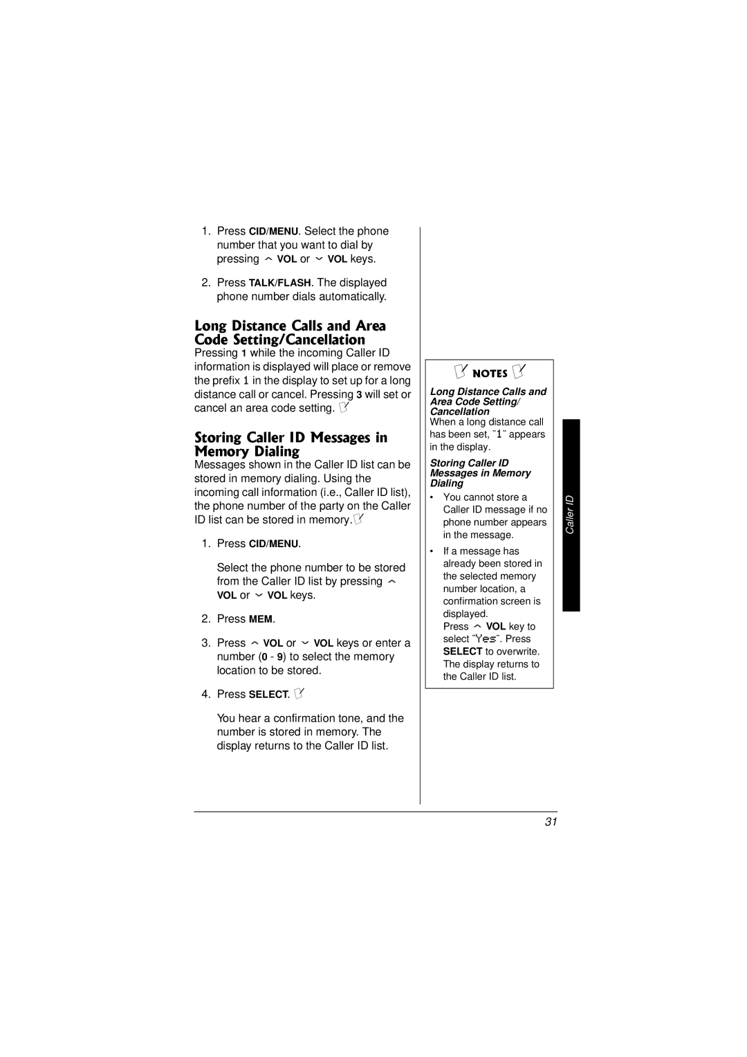 Radio Shack 43-3558 Long Distance Calls and Area Code Setting/Cancellation, Storing Caller ID Messages in Memory Dialing 